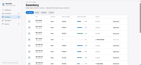 Live stock ledger by SKU with tonnage on hand and low or out-of-stock alerts.