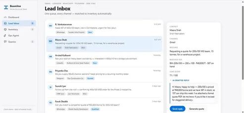 Lead inbox with enquiries from five channels and a side panel showing the matched SKU and drafted reply.
