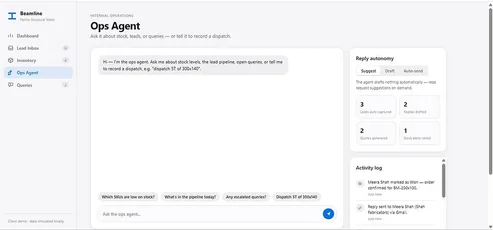 The ops agent with its reply-autonomy setting and an activity log of what it has done.