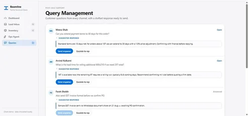 Post-sale query queue with status and escalation.
