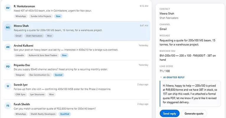 Beamline lead inbox: six enquiries tagged by channel and status, with a side panel showing the selected lead's matched SKU, price per tonne, tonnage on hand, lead score, and a drafted reply quoting those exact figures.