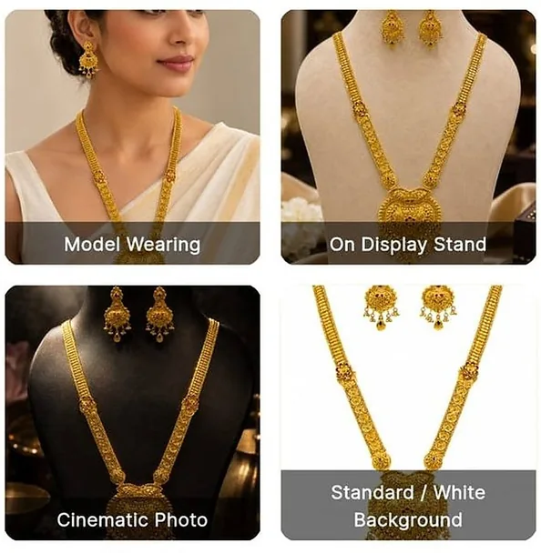 Four AI-generated versions of the same gold necklace and earring set, labelled Model Wearing, On Display Stand, Cinematic Photo, and Standard / White Background.
