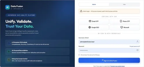 Sign-in screen with email and phone OTP, SSO options and role-based access notes.