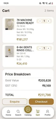 Cart with per-item weights and a price breakdown of gold value, GST and total.