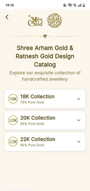 Collections screen listing the 18K, 20K and 22K ranges with purity noted for each.