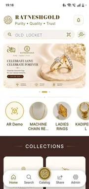 RatneshGold home screen with search, a promotional banner and quick links to AR demo and collections.
