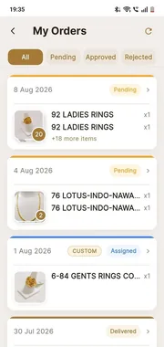 Order list grouped by date with pending, approved, custom and delivered states.