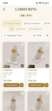 Ladies ring catalog with stock filters, sorting and per-piece weight and price.